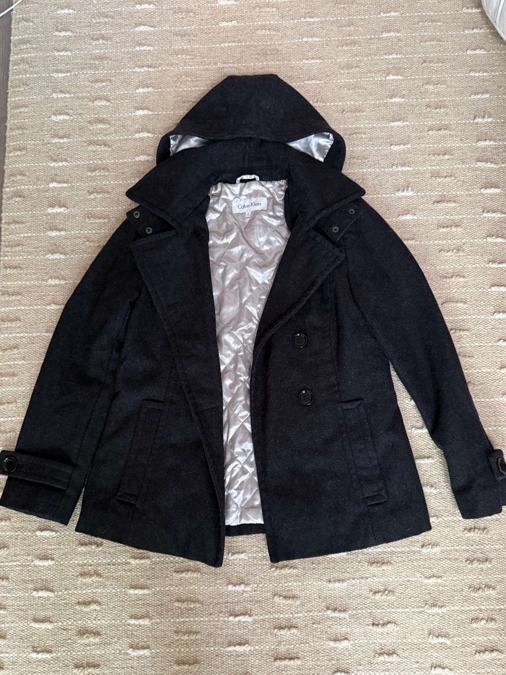 Calvin Klein Black Hooded Wool-Blend Peacoat